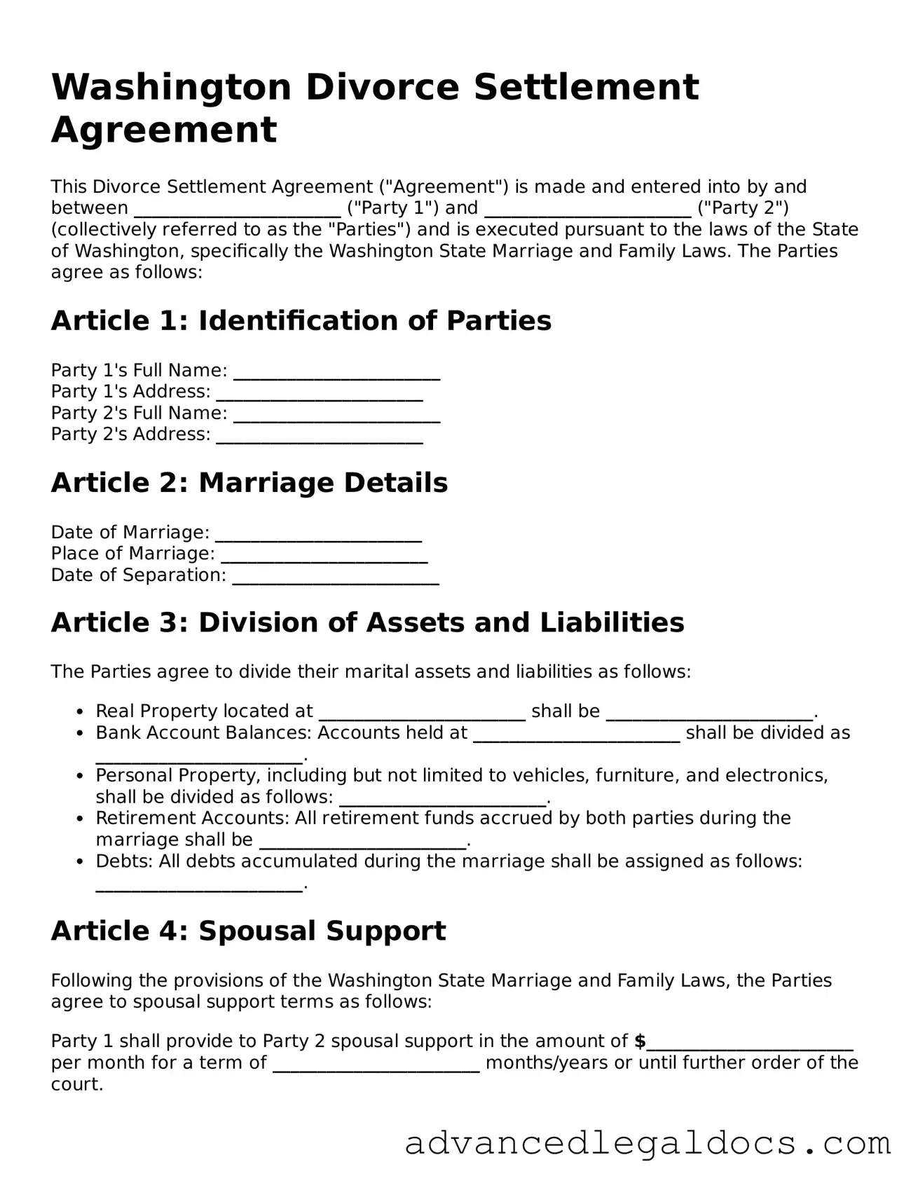 Fillable Divorce Settlement Agreement Form for Washington State